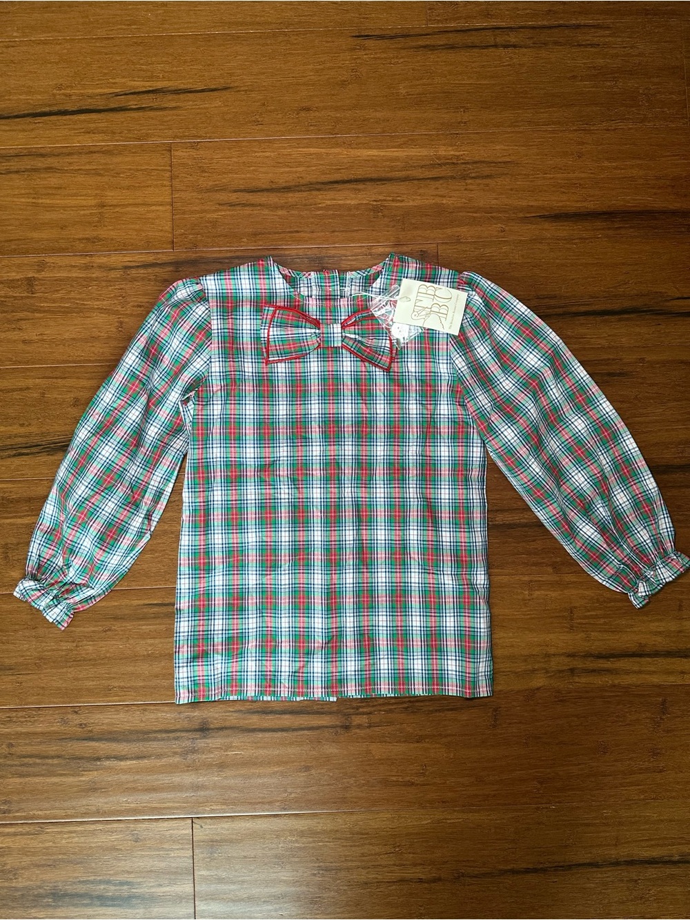 Girls' Plaid Bow-Accent Long-Sleeve Top in Red, Green & White